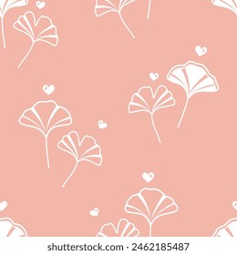 Seamless pattern with gingko leaves and hand drawn hearts on pink background vector.