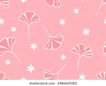 Seamless pattern with gingko leaves and white flower on pink background vector.