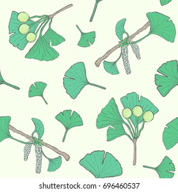 Seamless pattern with ginkgo biloba branches and leaves, flowers, berries. medical,  botanical plant background. Vector colorful hand drawn texture.