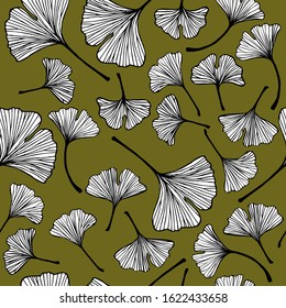 Seamless pattern of Ginkgo Biloba leaves on a khaki background