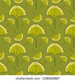 Seamless pattern with ginkgo biloba leaves on green background. Vector image.