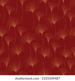 seamless pattern with ginkgo biloba leaves, the pattern is decorated with a line drawing of ginkgo biloba on a burgundy background