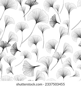 seamless pattern with ginkgo biloba leaves, pattern decorated with line drawing of ginkgo biloba isolated on white background