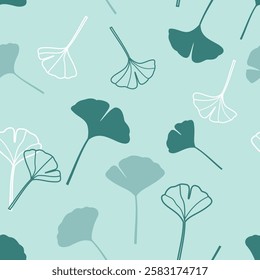 Seamless pattern with ginkgo biloba leaves on green mint background vector.