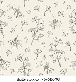 Seamless pattern with ginkgo biloba. medical, botanical plant background. Vector sketch hand drawn texture.