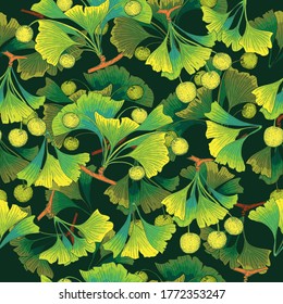 Seamless Pattern with Ginkgo Biloba plant, leaf, branch, berry. Colored Parts of a Ginkgo of Different Shade Arranged in Layers and Placed on Dark Background.