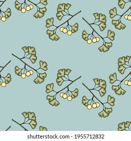 Seamless pattern of ginkgo branches with yellow berries on a blue background.