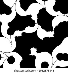 seamless pattern of a ginkgo leaf with a berry black silhouette overlapping each other on a white background. vintage black and white floral pattern for label design template, packaging