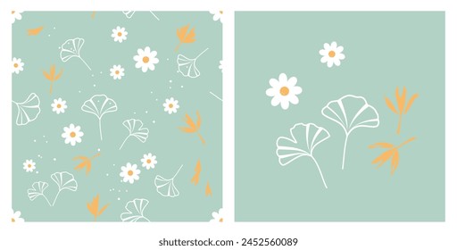 Seamless pattern with ginkgo leaves, daisy flower and yellow plant on green background. Ginkgo leaves icon sign vector.