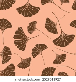 A seamless pattern of ginkgo leaves in dark gold color, a variation of hand-drawn ginkgo leaves, an elegant botanical peach fuzz background 