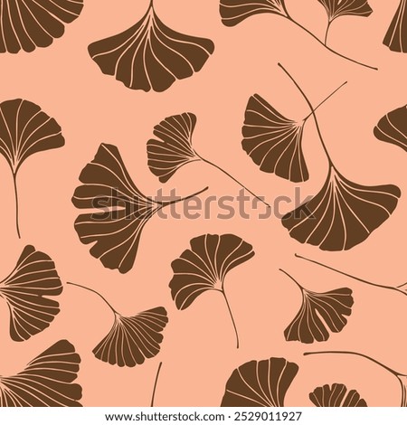 A seamless pattern of ginkgo leaves in dark gold color, a variation of hand-drawn ginkgo leaves, an elegant botanical peach fuzz background 