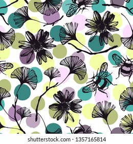 Seamless pattern with ginkgo leaves and flowers.