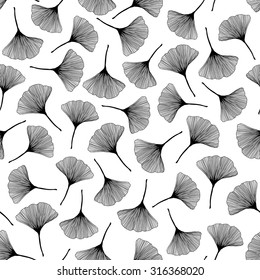 Seamless pattern with ginkgo leaves. Monochrome texture. Black and white illustration. Contrast leaf backdrop. For wallpaper, pattern fills, web page background, surface textures.