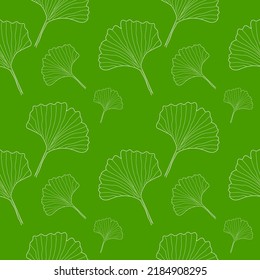 Seamless pattern Ginkgo leaves on green background in linear style. Hand drawn Ginkgo herbal plant seamless pattern. vector eps10