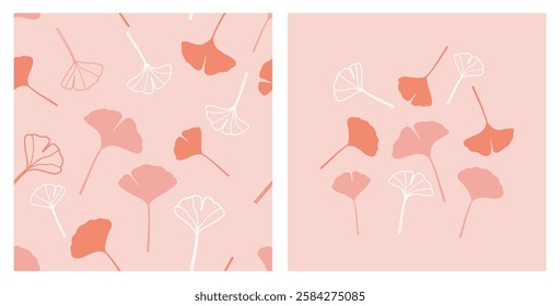 Seamless pattern with ginkgo leaves on pink background vector. Gingko leaves icons set.