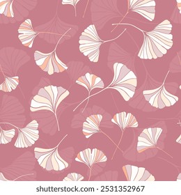 A seamless pattern of ginkgo leaves in pastel pink colors, a variation of hand-drawn ginkgo leaves, an elegant botanical background 