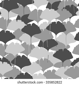 Seamless pattern with ginkgo leaves. Shades of grey on white background. Vector illustration