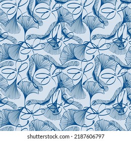 A seamless pattern of ginkgo, maple, and dragonfly leaves in sketch style. Leaf and insect silhouettes on blue background. Pastel palette. Leaves in the shape of a duck's foot. Autumn. Mystique