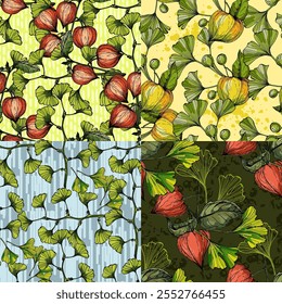 Seamless Pattern with Ginkgo and Physalis. Color sketch style hand drawn background. Detailed illustration, hand drawn. Great for fabric and textile, prints, invitation, packaging