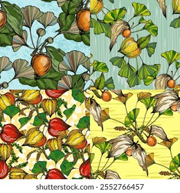 Seamless Pattern with Ginkgo and Physalis. Color sketch style hand drawn background. Detailed illustration, hand drawn. Great for fabric and textile, prints, invitation, packaging