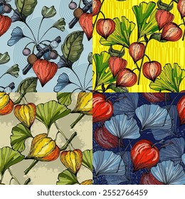 Seamless Pattern with Ginkgo and Physalis. Color sketch style hand drawn background. Detailed illustration, hand drawn. Great for fabric and textile, prints, invitation, packaging