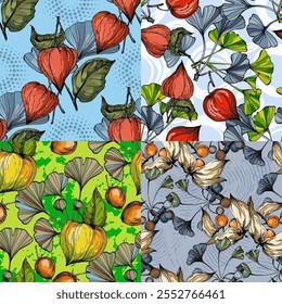 Seamless Pattern with Ginkgo and Physalis. Color sketch style hand drawn background. Detailed illustration, hand drawn. Great for fabric and textile, prints, invitation, packaging