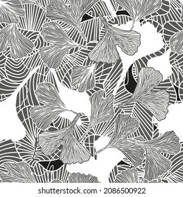 Seamless pattern with ginkgo plants. Black and white vector collections.
