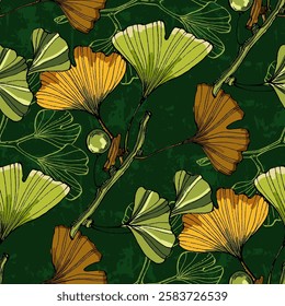 Seamless Pattern with ginkgo and reed. Color sketch style hand drawn background. Detailed illustration, hand drawn. Great for fabric and textile, prints, invitation, packaging