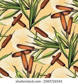 Seamless Pattern with ginkgo and reed. Color sketch style hand drawn background. Detailed illustration, hand drawn. Great for fabric and textile, prints, invitation, packaging