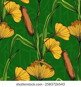 Seamless Pattern with ginkgo and reed. Color sketch style hand drawn background. Detailed illustration, hand drawn. Great for fabric and textile, prints, invitation, packaging