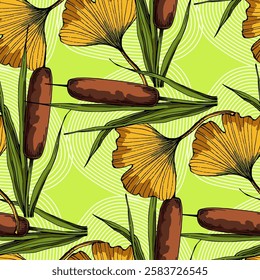 Seamless Pattern with ginkgo and reed. Color sketch style hand drawn background. Detailed illustration, hand drawn. Great for fabric and textile, prints, invitation, packaging