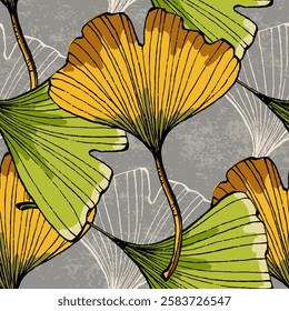 Seamless Pattern with ginkgo and reed. Color sketch style hand drawn background. Detailed illustration, hand drawn. Great for fabric and textile, prints, invitation, packaging