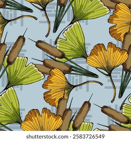 Seamless Pattern with ginkgo and reed. Color sketch style hand drawn background. Detailed illustration, hand drawn. Great for fabric and textile, prints, invitation, packaging