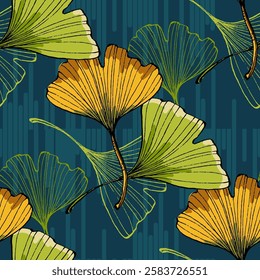 Seamless Pattern with ginkgo and reed. Color sketch style hand drawn background. Detailed illustration, hand drawn. Great for fabric and textile, prints, invitation, packaging