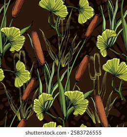 Seamless Pattern with ginkgo and reed. Color sketch style hand drawn background. Detailed illustration, hand drawn. Great for fabric and textile, prints, invitation, packaging