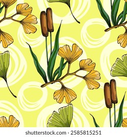 Seamless Pattern with ginkgo and reed. Color sketch style hand drawn background. Detailed illustration, hand drawn. Great for fabric and textile, prints, invitation, packaging