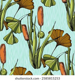 Seamless Pattern with ginkgo and reed. Color sketch style hand drawn background. Detailed illustration, hand drawn. Great for fabric and textile, prints, invitation, packaging