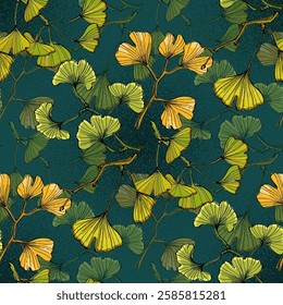 Seamless Pattern with ginkgo and reed. Color sketch style hand drawn background. Detailed illustration, hand drawn. Great for fabric and textile, prints, invitation, packaging