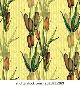 Seamless Pattern with ginkgo and reed. Color sketch style hand drawn background. Detailed illustration, hand drawn. Great for fabric and textile, prints, invitation, packaging