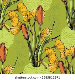 Seamless Pattern with ginkgo and reed. Color sketch style hand drawn background. Detailed illustration, hand drawn. Great for fabric and textile, prints, invitation, packaging