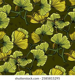 Seamless Pattern with ginkgo and reed. Color sketch style hand drawn background. Detailed illustration, hand drawn. Great for fabric and textile, prints, invitation, packaging