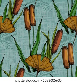 Seamless Pattern with ginkgo and reed. Color sketch style hand drawn background. Detailed illustration, hand drawn. Great for fabric and textile, prints, invitation, packaging