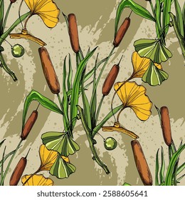 Seamless Pattern with ginkgo and reed. Color sketch style hand drawn background. Detailed illustration, hand drawn. Great for fabric and textile, prints, invitation, packaging