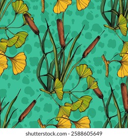 Seamless Pattern with ginkgo and reed. Color sketch style hand drawn background. Detailed illustration, hand drawn. Great for fabric and textile, prints, invitation, packaging