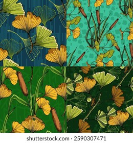 Seamless Pattern with ginkgo and reed. Color sketch style hand drawn background. Detailed illustration, hand drawn. Great for fabric and textile, prints, invitation, packaging