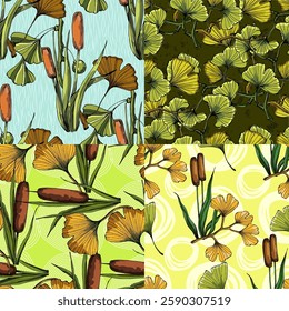 Seamless Pattern with ginkgo and reed. Color sketch style hand drawn background. Detailed illustration, hand drawn. Great for fabric and textile, prints, invitation, packaging