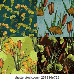 Seamless Pattern with ginkgo and reed. Color sketch style hand drawn background. Detailed illustration, hand drawn. Great for fabric and textile, prints, invitation, packaging