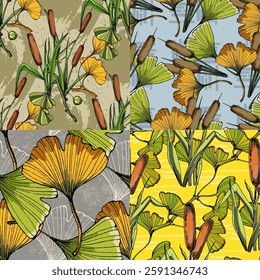 Seamless Pattern with ginkgo and reed. Color sketch style hand drawn background. Detailed illustration, hand drawn. Great for fabric and textile, prints, invitation, packaging