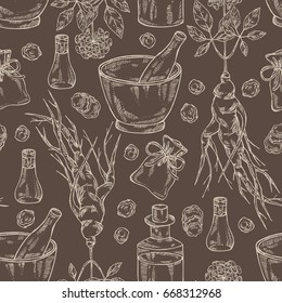 Seamless pattern with ginseng: ginseng root, plant, bottle, tincture, mortar and pestle. Medical plant. hand drawn.