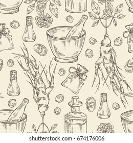 Seamless pattern with ginseng: ginseng root, plant, bottle, tincture, mortar and pestle. Medical plant. hand drawn.